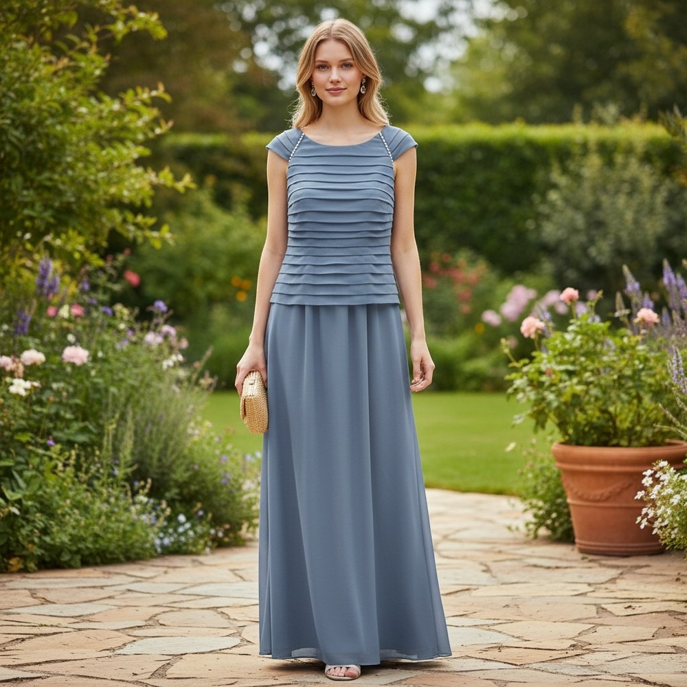 JJ's House Formal Gown Women 12 Slate Blue Tiered Ruffle Chiffon Maxi Dress